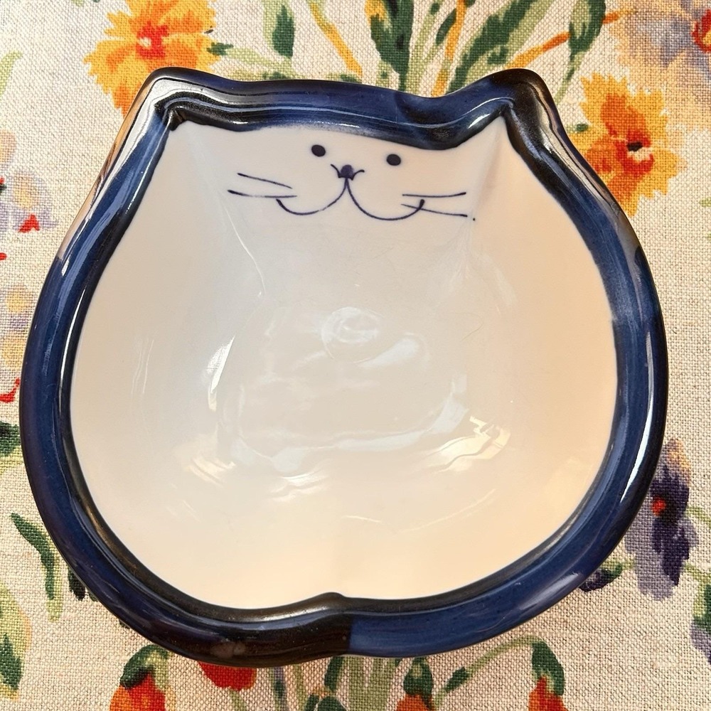 VTG 90s Takahashi San Francisco Ceramic Blue Fat Chubby Happy Cat Food Bowl Dish